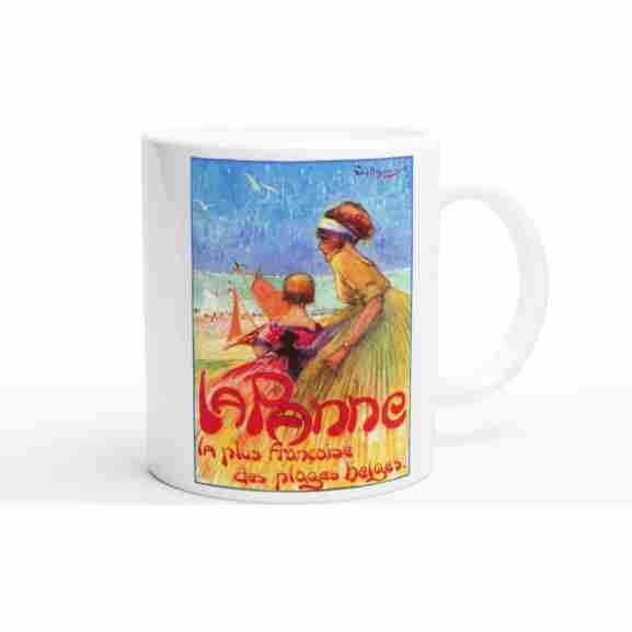 Mok met oude affiche De Panne - Witte mok voor ochtendritueel Keramische mok met levendige print van oude reclame voor De Panne, glanzend wit, perfect voor je ochtendkoffie
