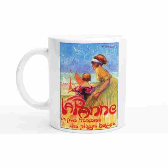 Mok met oude affiche De Panne - Witte ochtendkoffiemok Keramische mok met levendige afbeelding van oude reclame voor De Panne, perfect voor je ochtendkoffie, glanzend wit