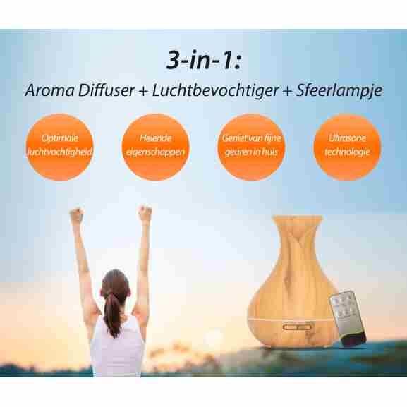 Vitality Pro Aroma Diffuser met 7 rustgevende LED kleuren in licht hout