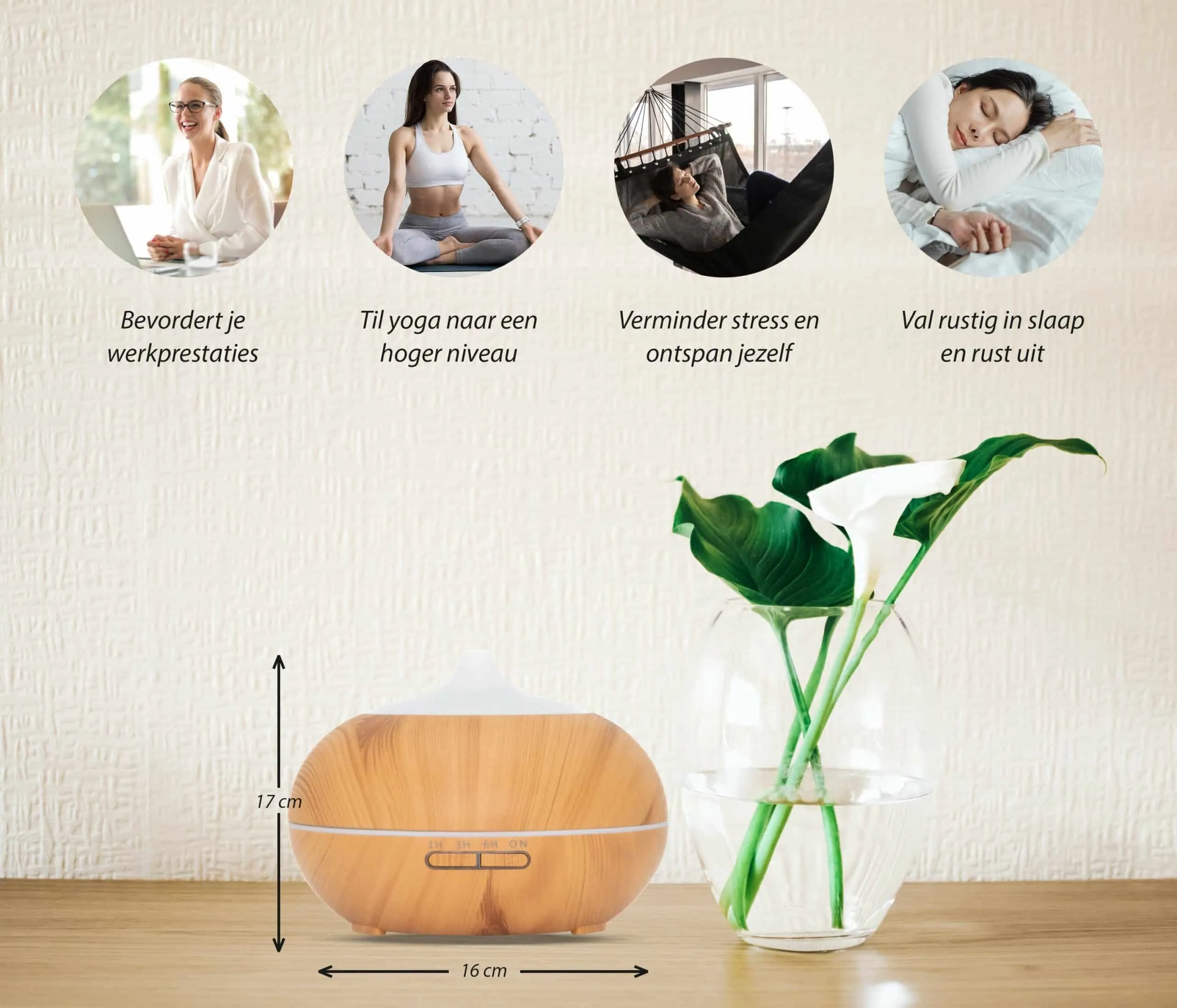 Sun Shine Pro Aroma Diffuser met luchtbevochtiger functie in Licht Wood