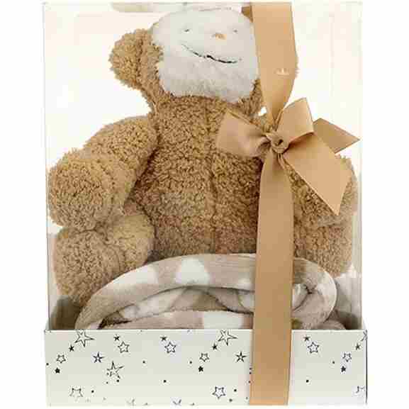 Knuffelaap en knuffeldekentje met hartjes in geschenkdoos