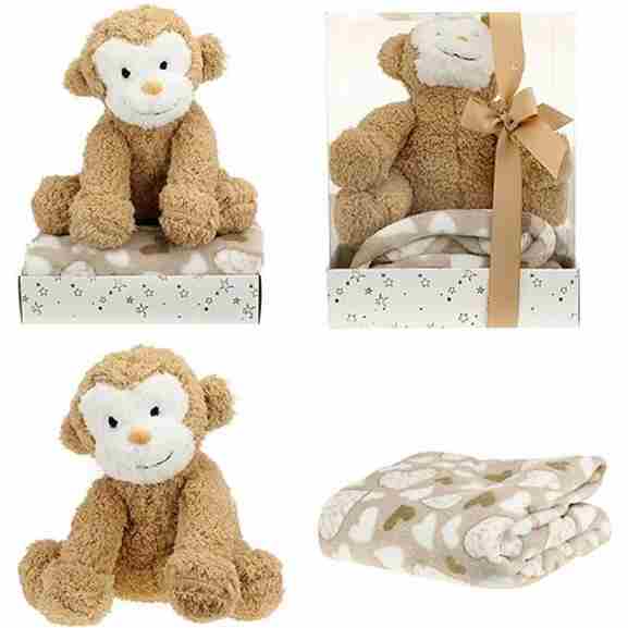 Knuffelaap en knuffeldekentje met hartjes in geschenkdoos