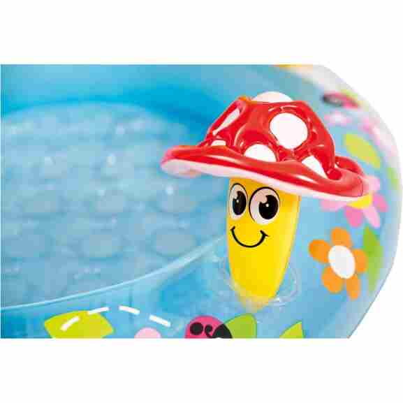 Zijaanzicht van Intex paddestoel baby zwembadje met losse paddestoel in geel/rood/blauw