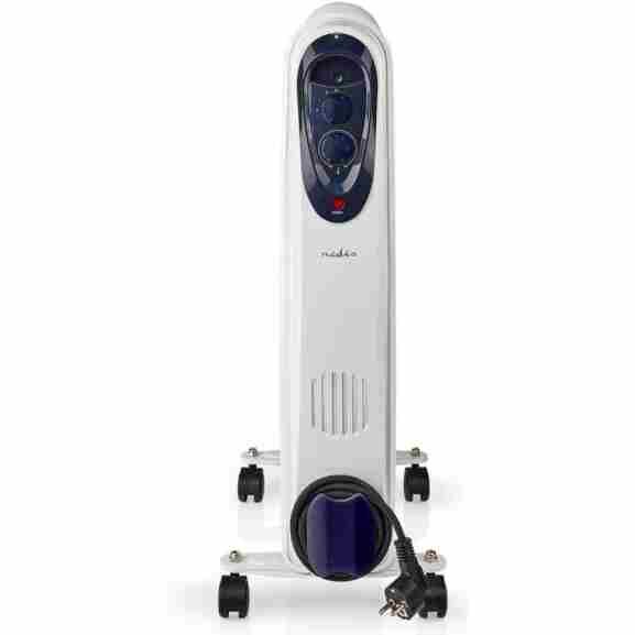 Bovenaanzicht van de Nedis Htoi30Wt11 olieradiator in wit, met thermostaatknop