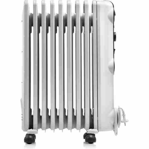 Zijaanzicht van Delonghi TRRS0920 radiator in wit/zwart, met aan-uit schakelaar