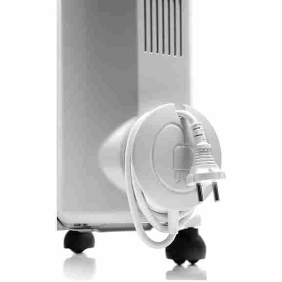 Bovenanzicht van Delonghi TRRS0920 radiator in wit/zwart, toont verrijdbaar ontwerp