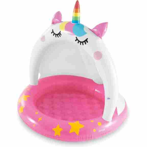 Zijaanzicht van Intex Caticorn Babyzwembad met zachte bodem in roze/wit