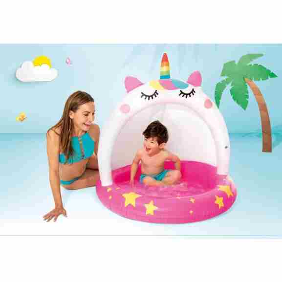 Bovenanzicht van Intex Caticorn Babyzwembad met reparatiemateriaal in roze/wit