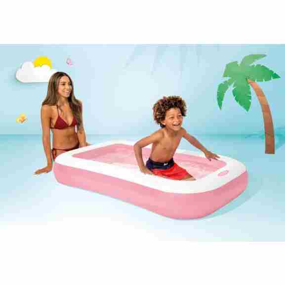 Bovenanzicht van Intex 58423NP zwembad in roze/wit, afmetingen 166x100x25 cm