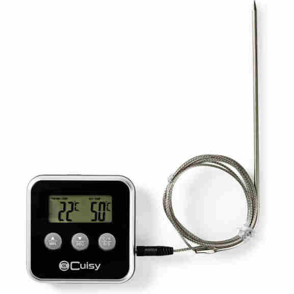 Scheve hoek van Nedis vleesthermometer in zwart met zilveren display, pin zichtbaar