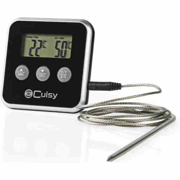 Overzicht van Nedis vleesthermometer met zwart scherm en zilveren pin op keukenwerkblad