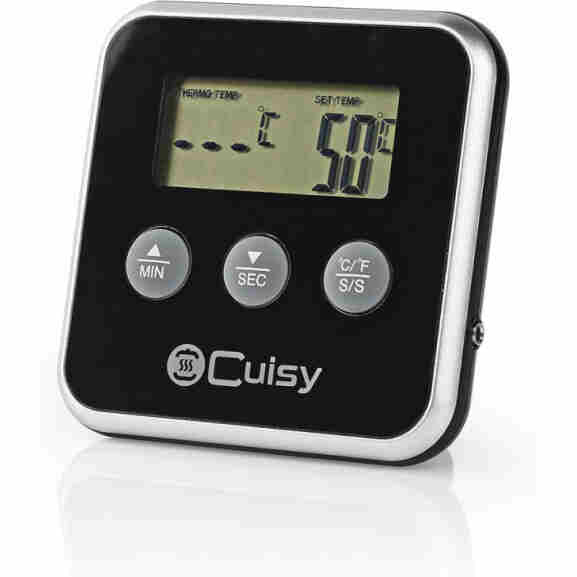 Close-up van het zilveren display van de Nedis vleesthermometer met zwarte omlijsting