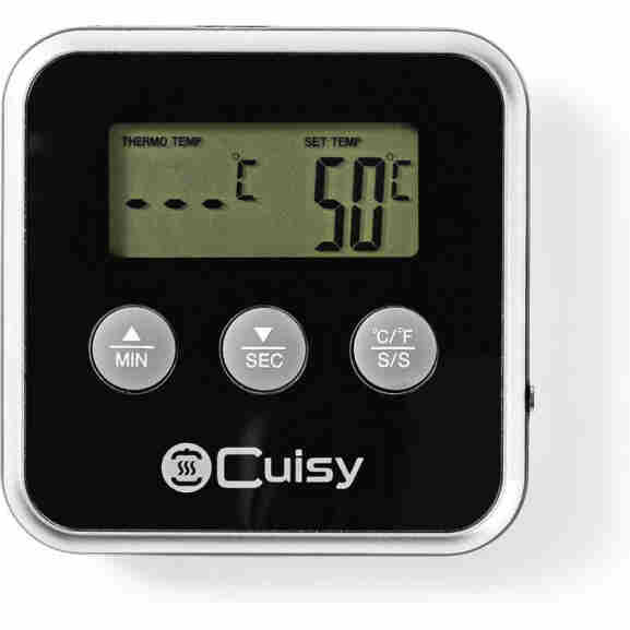 Overzicht van Nedis vleesthermometer met zwart scherm en zilveren pin in ovenomgeving