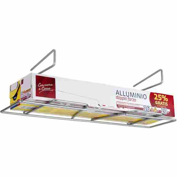 Zijaanzicht van Metaltex huishoudfoliehouder in zilver, benadrukt de compacte afmetingen