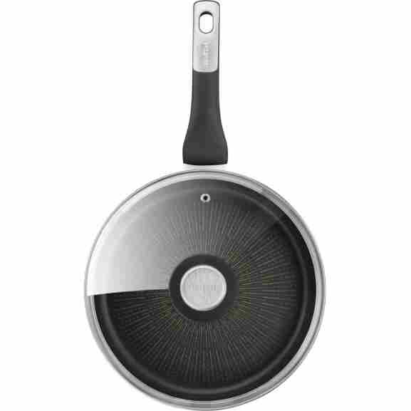 Zwarte Tefal Unlimited Hapjespan met glazen deksel en Thermo-Signal, ideaal voor eenpansgerechten met duurzame krasbestendige