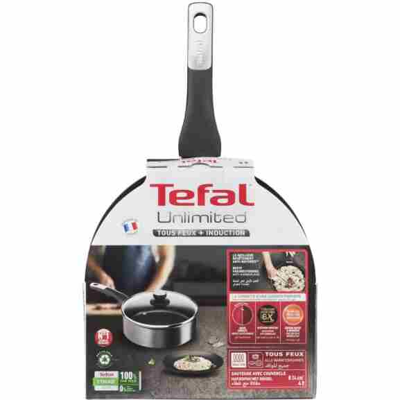 Zwarte Tefal Unlimited Hapjespan met ergonomische handgreep en Thermo-Signal technologie, geschikt voor alle warmtebronnen