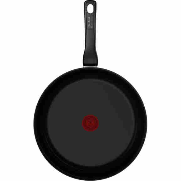 Tefal Renew Black koekenpan zijaanzicht, toont het slanke aluminium profiel van 71 mm hoog met zwarte keramische coating
