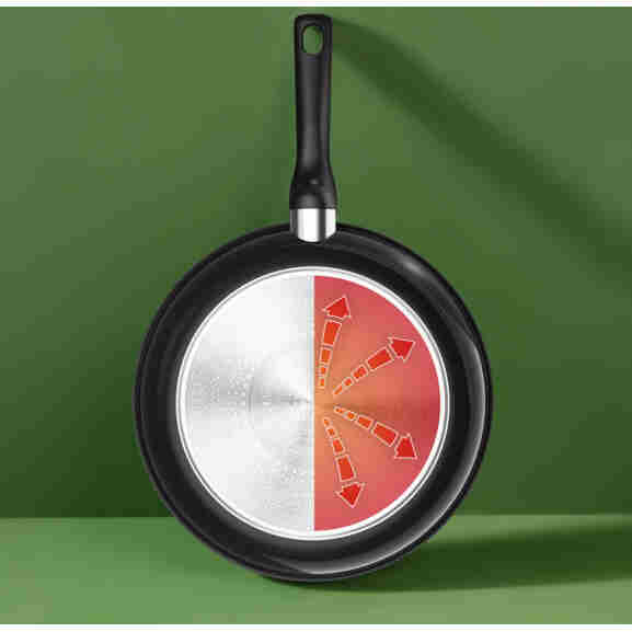 Detail van Thermo-Spot warmte-indicator op Tefal Renew Black koekenpan die rood kleurt wanneer de pan optimale baktemperatuur