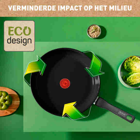 Zijaanzicht van Tefal Renew Black koekenpan 24 cm met ergonomische handgreep, duurzaam aluminium constructie en keramische