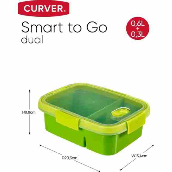 Groene Curver Smart To Go Duo Lunchbox met geïntegreerde verzegeling en gescheiden compartimenten, perfect voor dagelijks