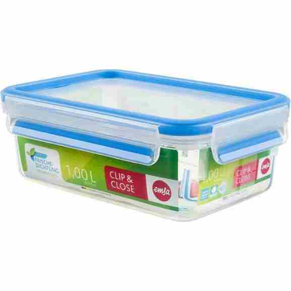 Emsa Clip & Close vershouddoos 1L in helder blauw, voorzien van geïntegreerde maatschaal en versheidszegel