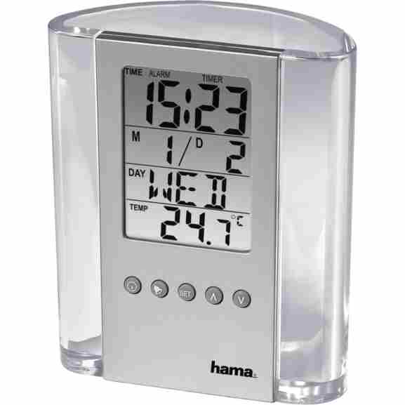 Transparante Hama Lcd-Thermometer en Penhouder met digitale tijdweergave