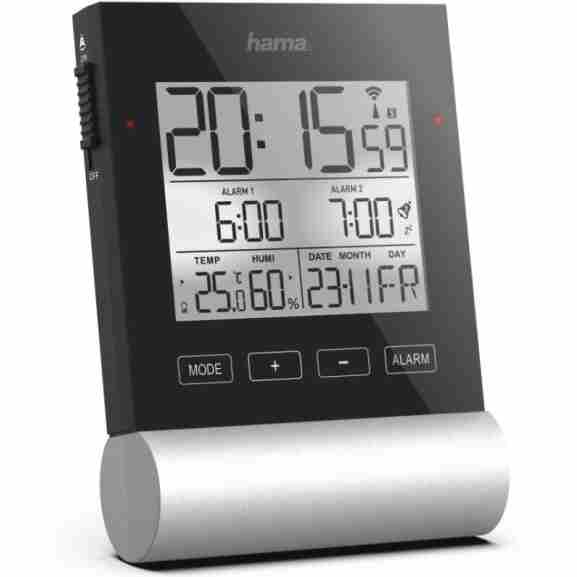 Radiogestuurde wekker van Hama met witte LED-achtergrondverlichting in zwart