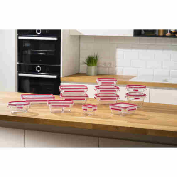 Tefal MasterSeal glazen vershouddoos van 0,45L met rode polypropyleen deksel en innovatieve stapelrand