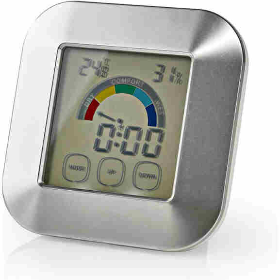 Nedis zilver/wit Katr105Si Hygrometer Temperatuurmeter Tijd touch-screen met magneetbevestiging