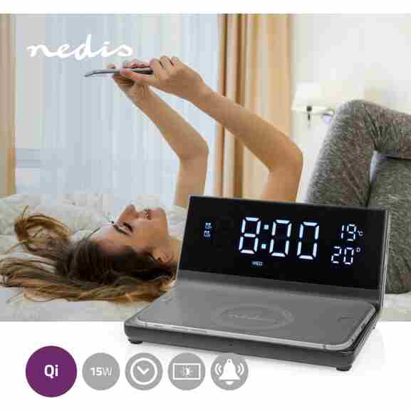 Nedis zwarte wekker met USB-A uitgang voor extra opladen
