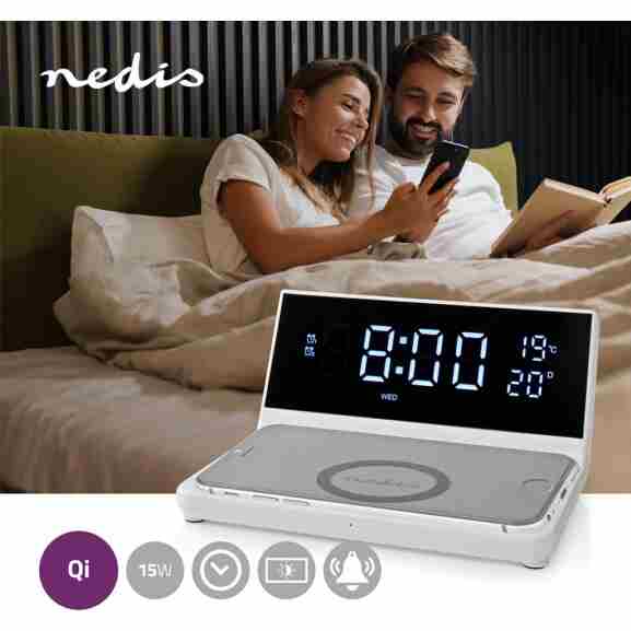 Nedis Wcacq20Wt 3-in-1-wekker met witte led-klok en USB-A uitgang