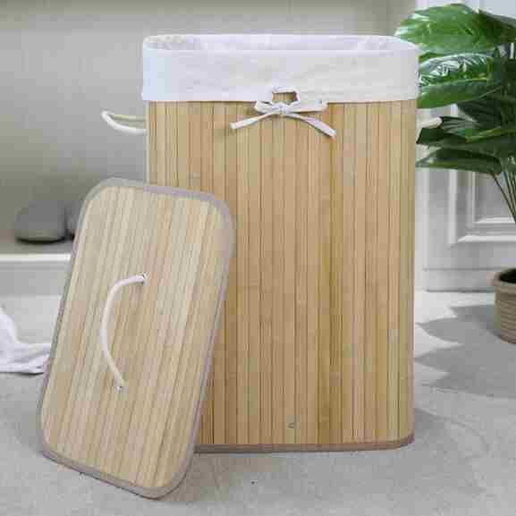 Homestyle Pro multifunctionele bamboe wasmand ook geschikt als opbergmand, naturel en wit