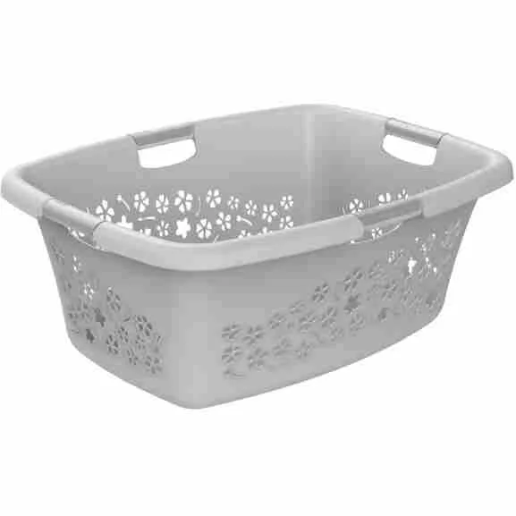 Rotho Flowers wasmand 50L in grijs met ergonomische grepen en rotanachtige bloemenpatroon voor luchtcirculatie