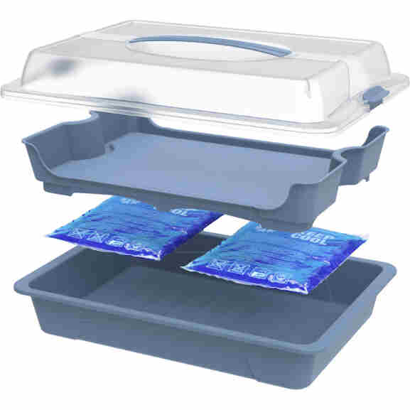 Geopende Rotho Fresh Partybutler toont de uitneembare koelpads en ruime opslagruimte voor het bewaren en serveren van diverse