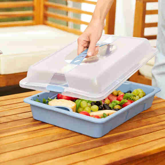 Rotho Partybutler serveertray in Horizon Blauw met draaggreep en koelsysteem, perfect voor transport van delicate gerechten