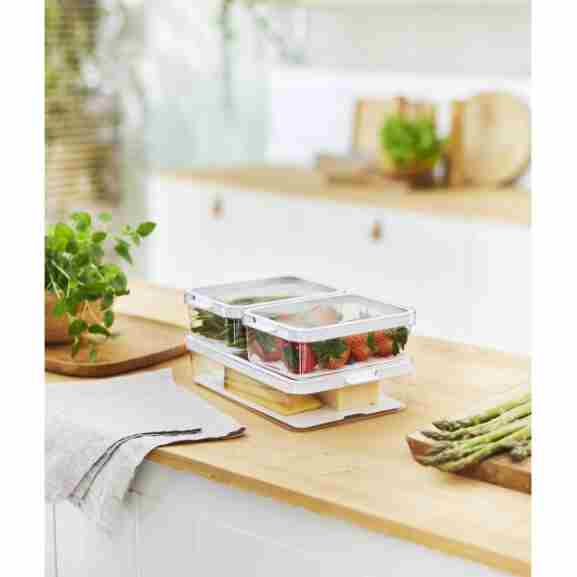 Set van drie Rotho Cauma koelkastbakken in transparant met omkeerbare deksels en uitneembare inzetstukken voor georganiseerde