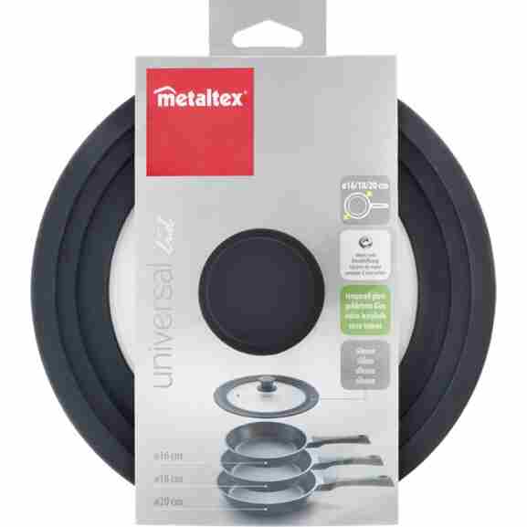 Metaltex pannendeksel met zwarte siliconenrand voor optimale grip en compatibel met pannen van 16-20 cm