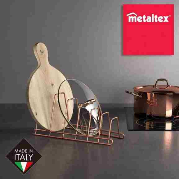 Elegante dekselhouder in koperkleur van Metaltex, ideaal voor het gesorteerd bewaren van keukendeksels en optimale
