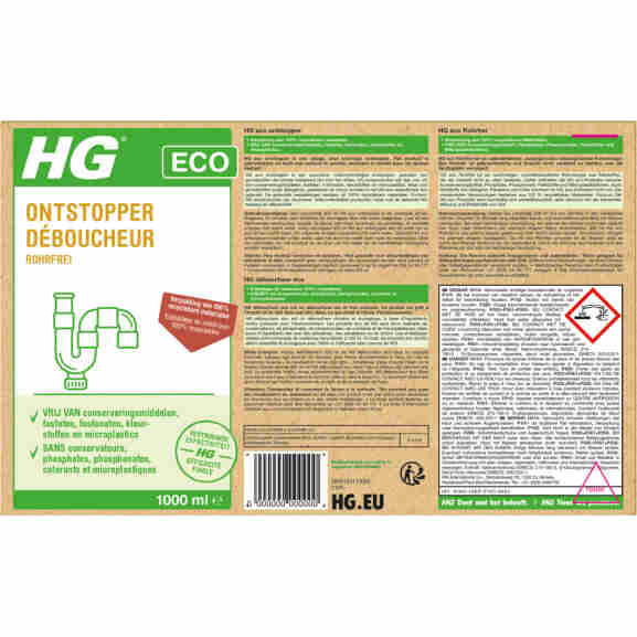 Hg Eco Ontstopper 1L fles, milieuvriendelijk, duurzaam